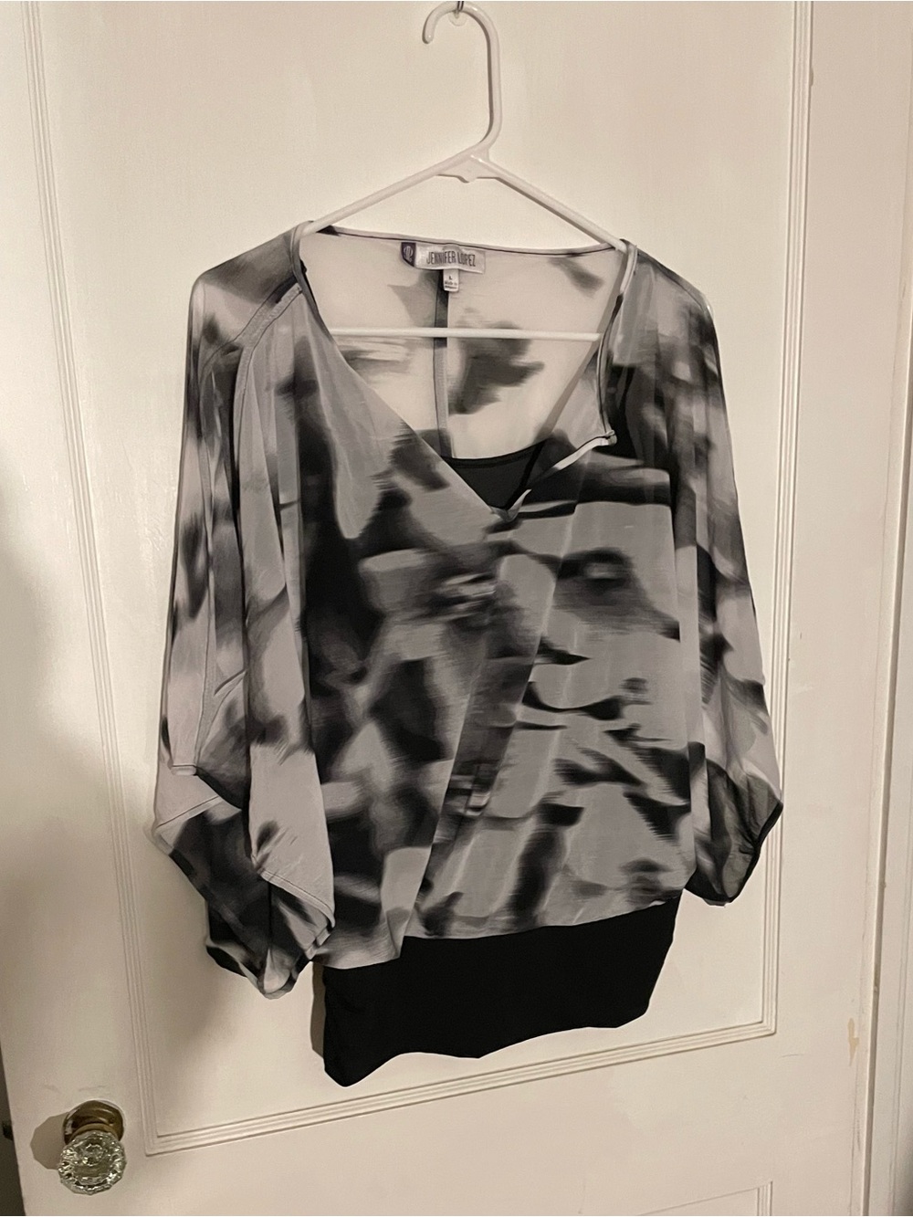 Jennifer Lopez Black & White Sheer Print Blouson Top Size Large